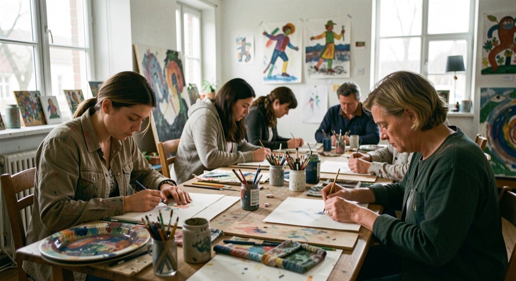 Un groupe travaille silencieusement autour de tables couvertes de matériaux artistiques