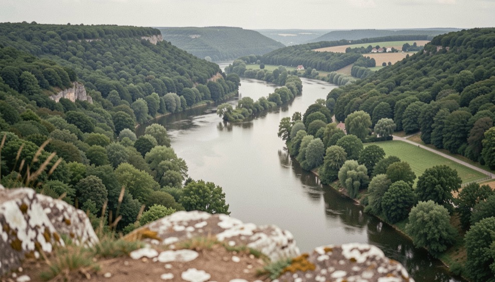 La rivière Dordogne serpente entre des collines boisées vues depuis un promontoire