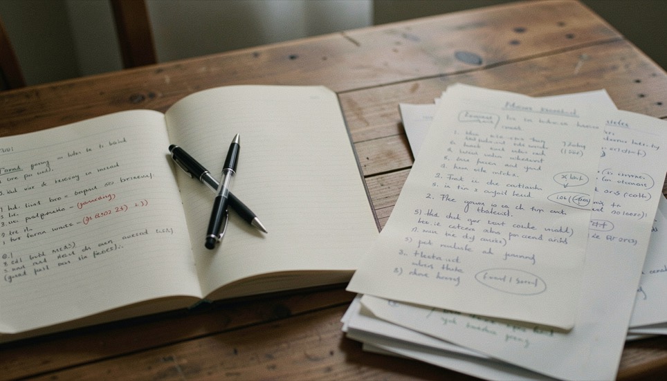 Un cahier ouvert, un stylo et des pages annotées sur une table en bois