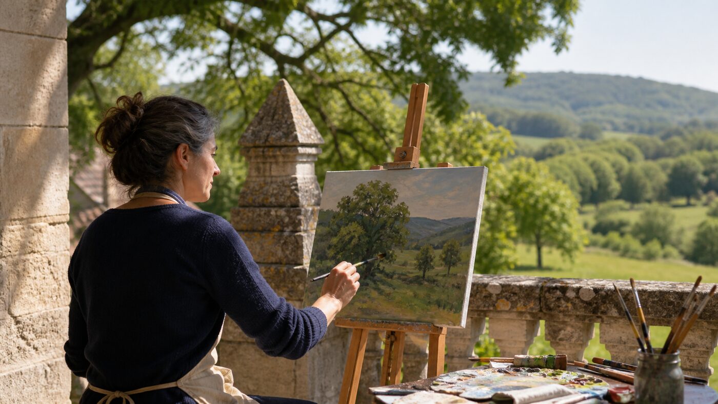 Une peintre travaille un paysage sur la terrasse ombragée dun château du Périgord
