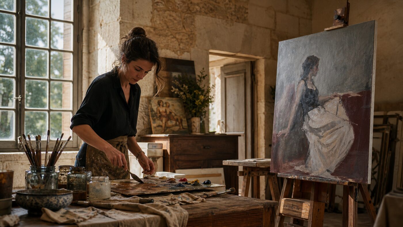 Une peintre prépare ses pigments près dune toile figurative dans un atelier de pierre