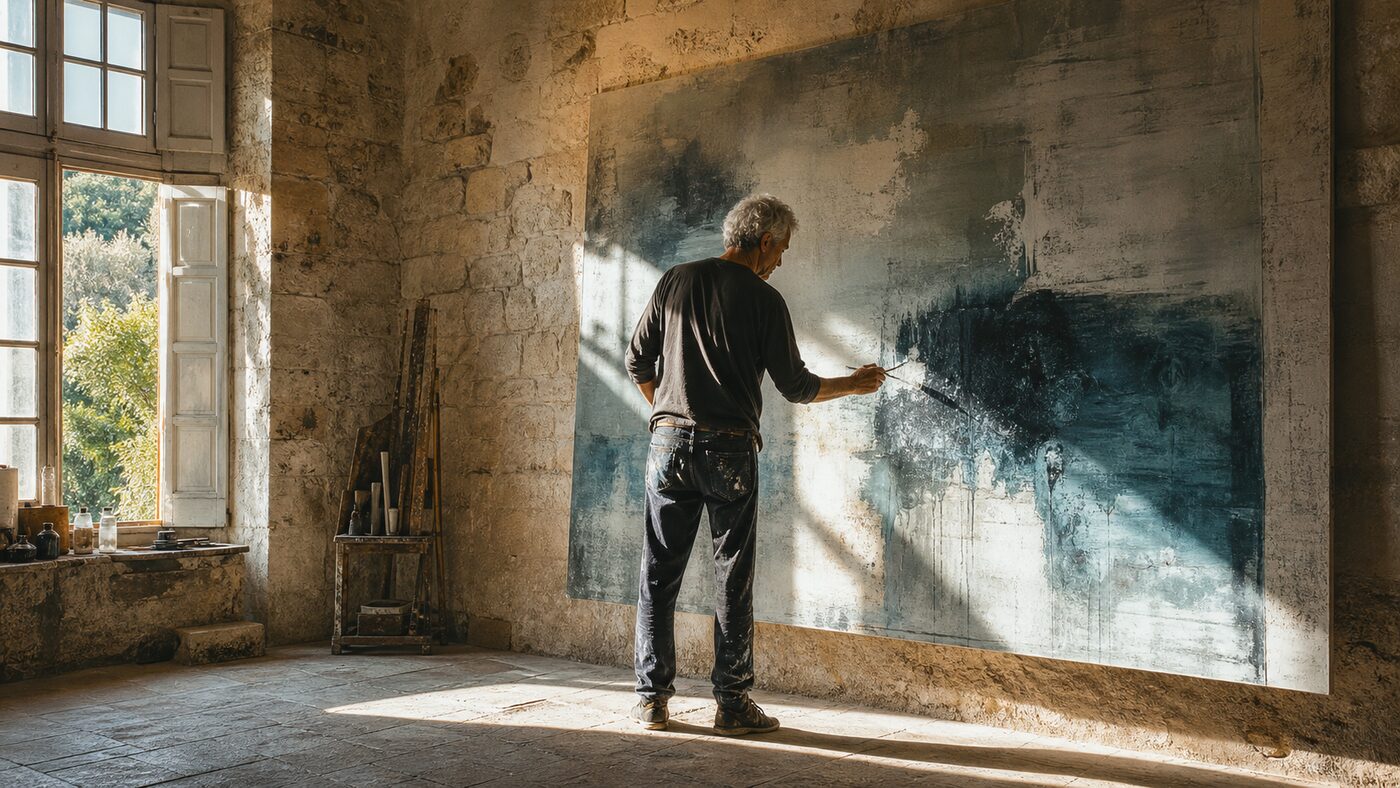 Un artiste compose une grande peinture abstraite traversée par la lumière