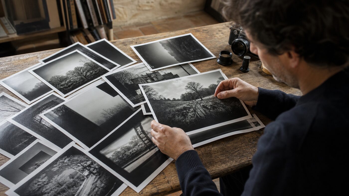 Un photographe sélectionne des tirages noir et blanc sur une table en bois