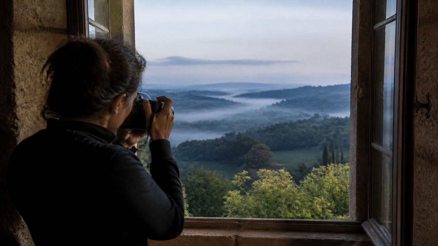 Une photographe cadre les collines brumeuses du Périgord depuis une fenêtre ancienne
