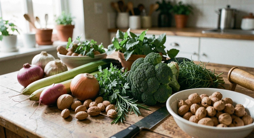 Des légumes du potager, des noix et des herbes réunis sur une table de cuisine