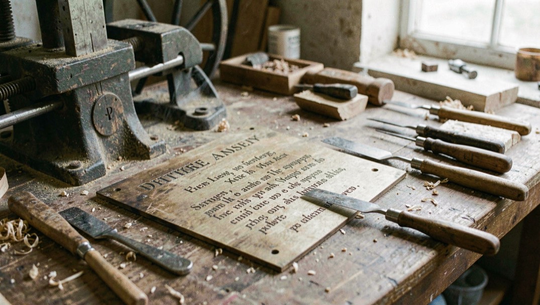 Une plaque gravée et des outils de taille douce près dune presse datelier