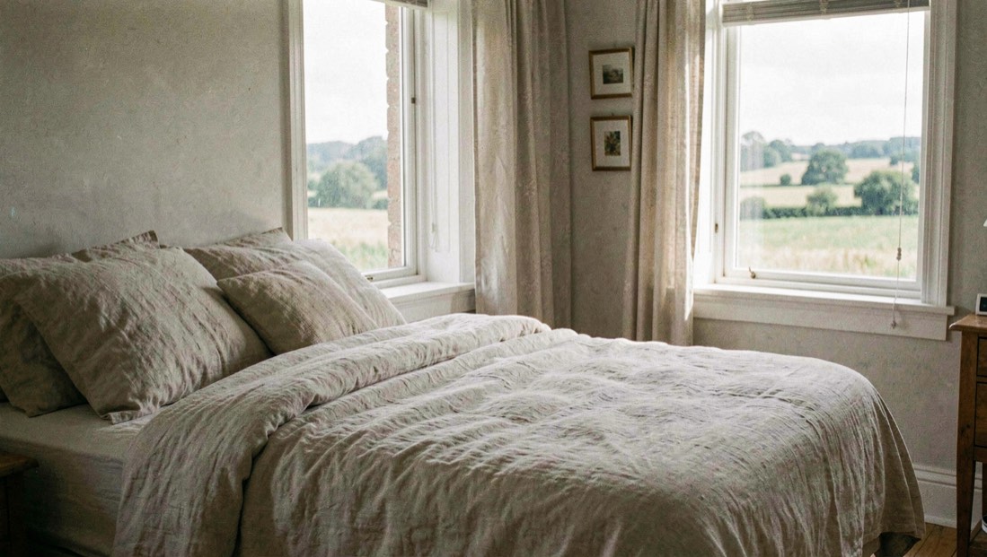 Une chambre lumineuse aux draps de lin avec vue sur la campagne