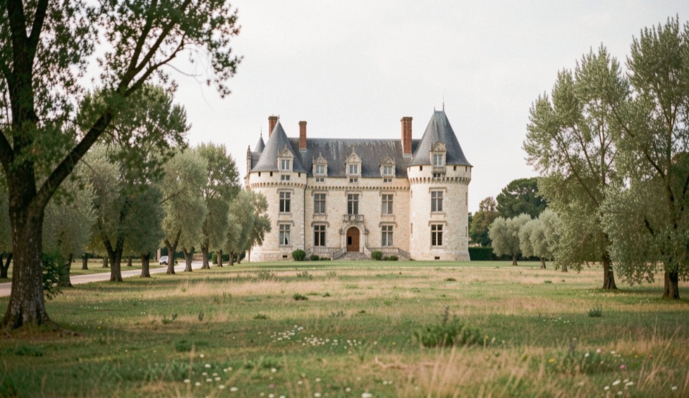 Le château de pierre claire posé parmi les noyers et les prairies du Périgord