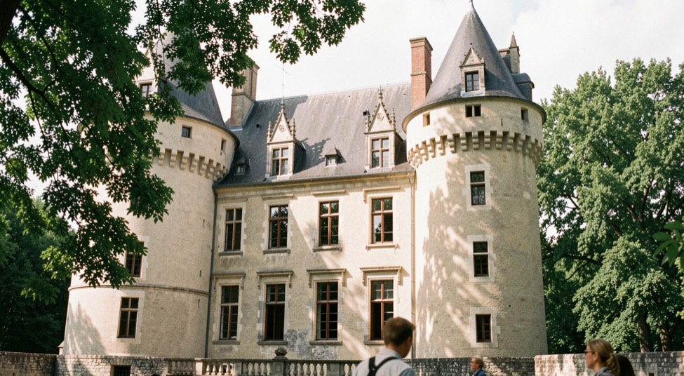 Une façade de château avec tours anciennes, lucarnes et ombres de tilleuls