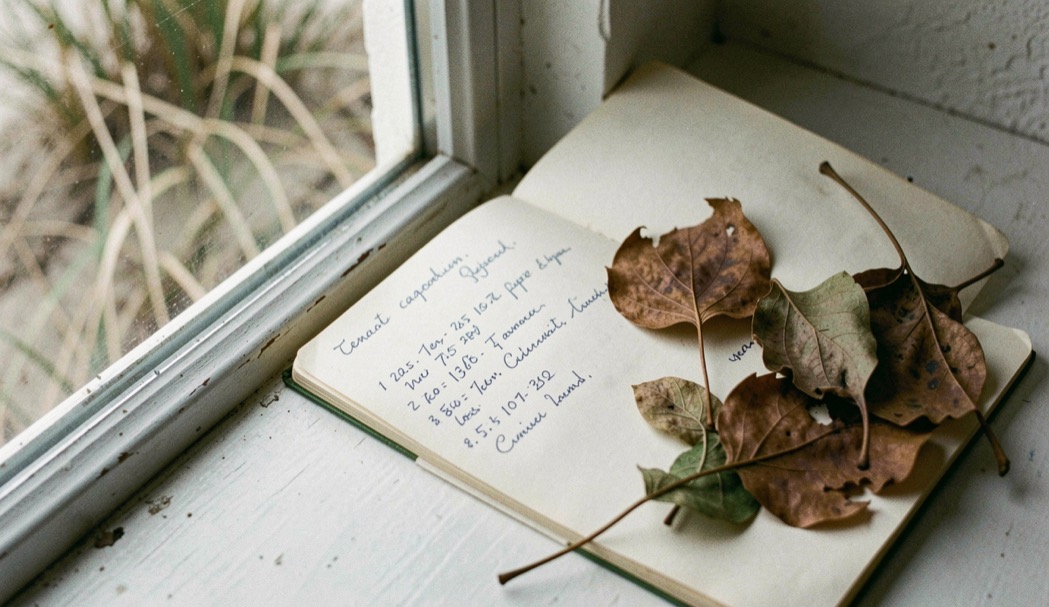 Un carnet de terrain avec dates manuscrites et feuilles séchées près dune fenêtre