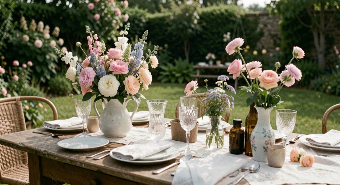 Une table de fleurs et de vaisselle préparée pour une célébration dans un jardin