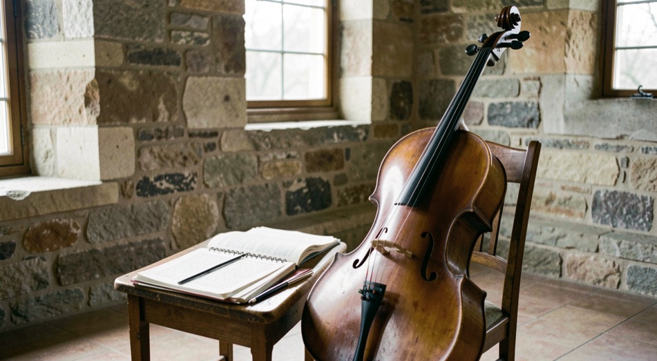 Un violoncelle et des partitions reposent dans une salle aux murs de pierre