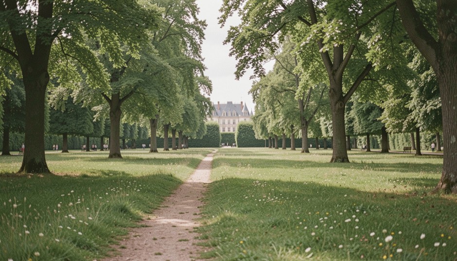 Un chemin herbeux traverse un parc arboré avec le château aperçu au loin