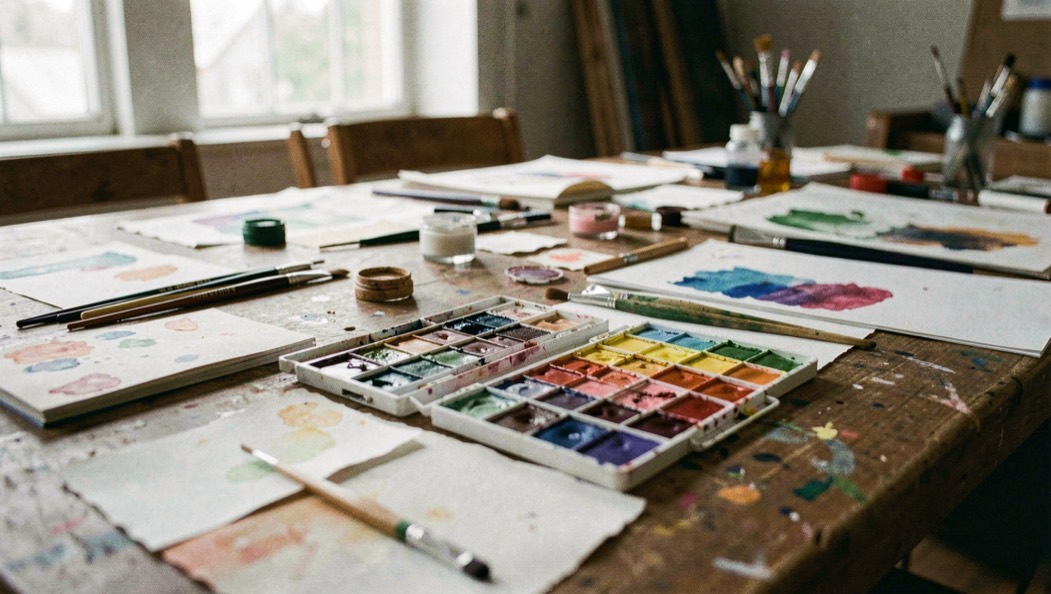 Des pigments, pinceaux et feuilles d aquarelle sur une grande table de travail
