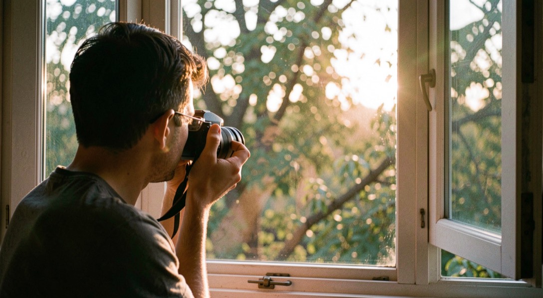 Une photographe observe la lumière du matin depuis une fenêtre donnant sur les arbres