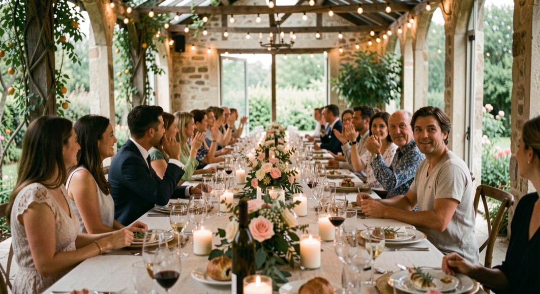 Une longue table de réception dressée sous des lumières douces dans lorangerie