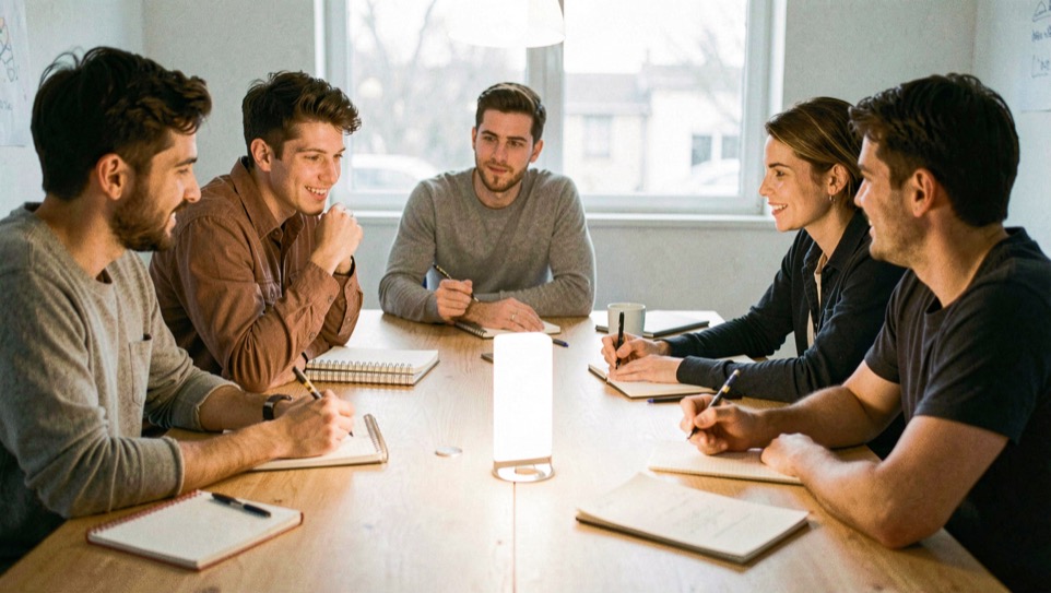 Une petite équipe échange autour dune table de réunion lumineuse et de carnets