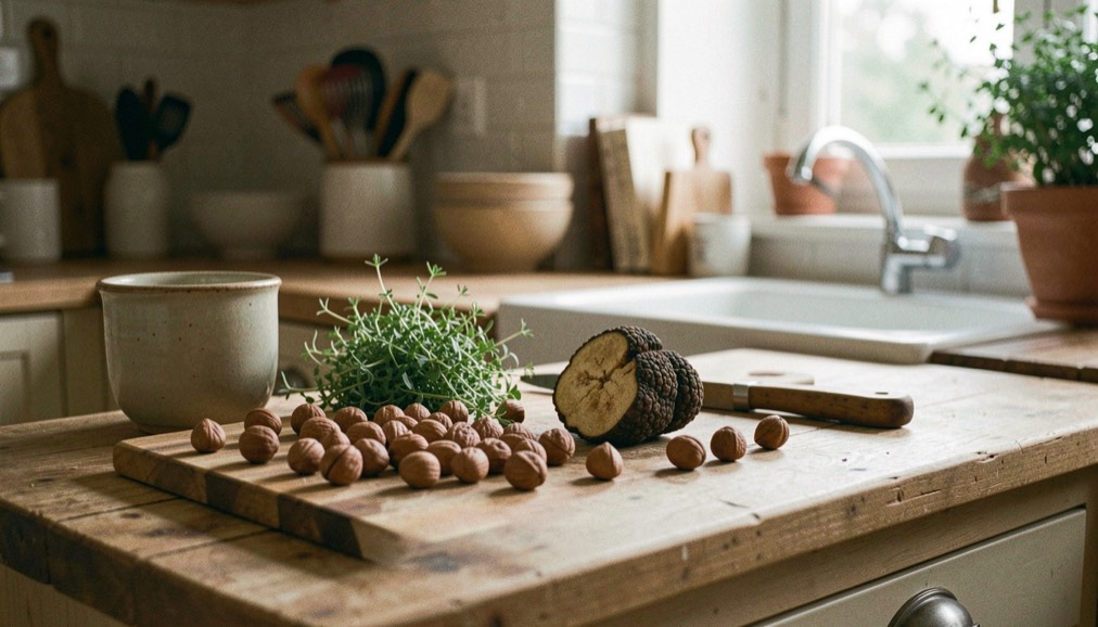 Des noix du Périgord, une truffe et des herbes fraîches dans une cuisine