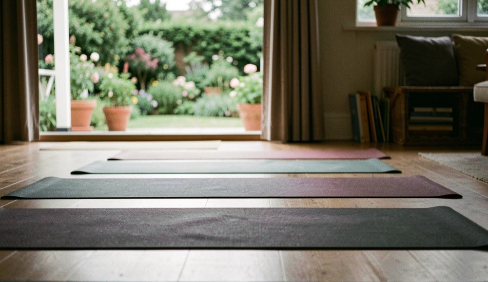 Des tapis de yoga alignés dans une salle calme ouverte sur un jardin